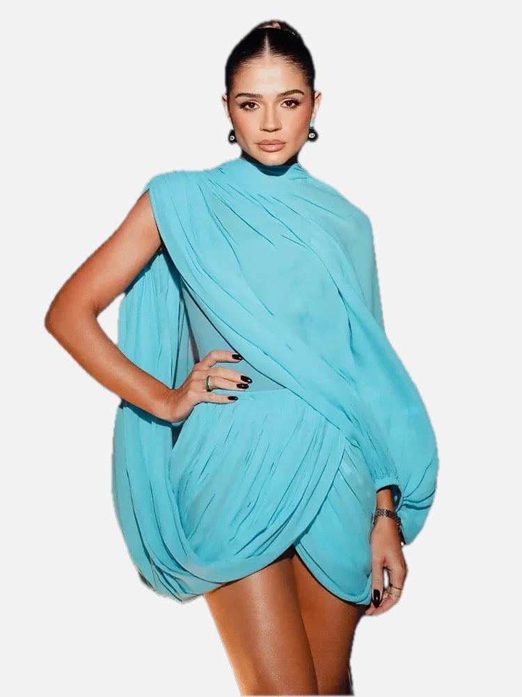 Women's Asymmetric Draped Dress with One Shoulder Balloon Sleeve