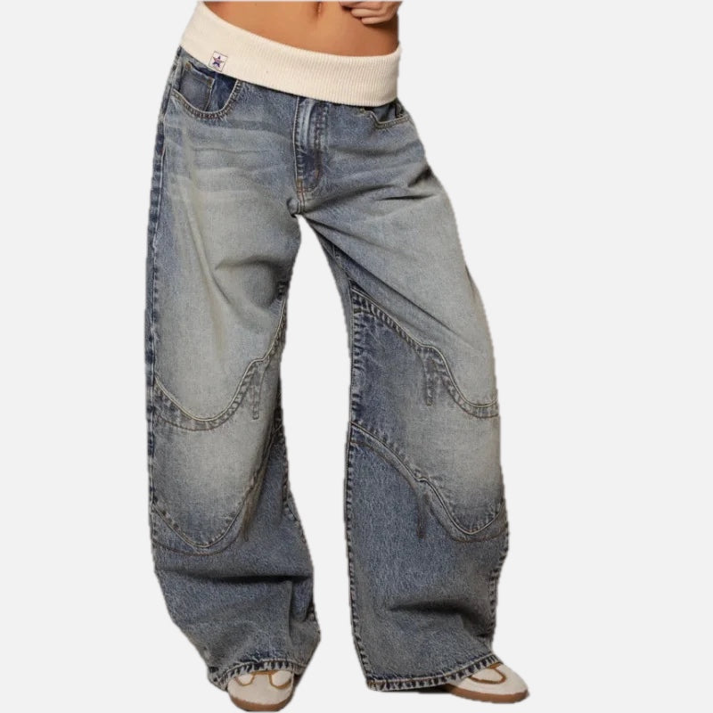 Women's Baggy Wide Leg Jeans with Rib Waistband