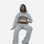 Women's Cropped Hoodie and Joggers Set with Animal Print Trim