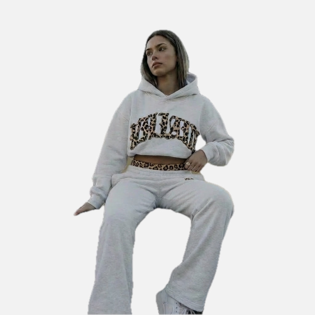 Women's Cropped Hoodie and Joggers Set with Animal Print Trim