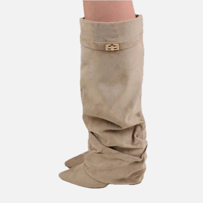Women's Slouch Boots with Pointed Toe and Low Heel