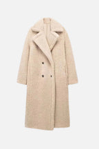 Women's Longline Teddy Coat with Wide Lapel and Double-Button Front