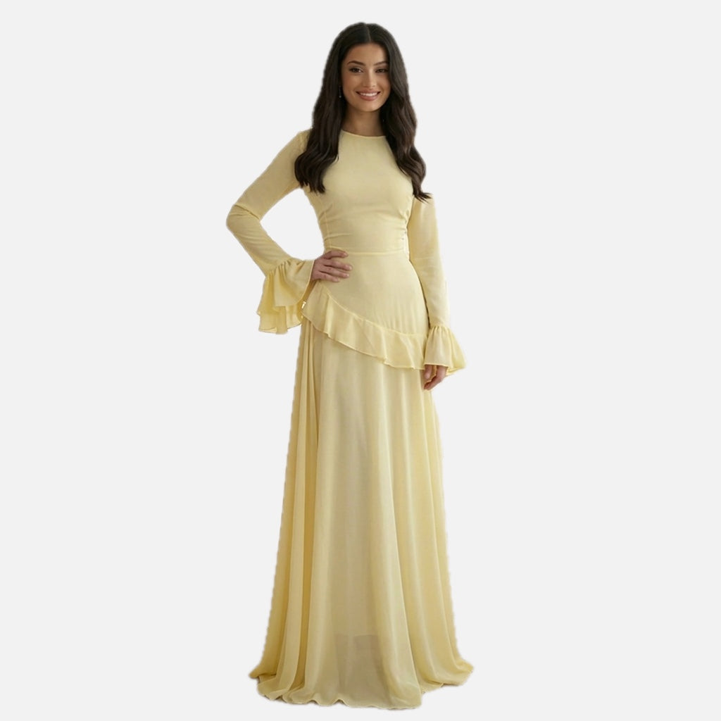 Women's Maxi Dress with Ruffle Detail and Flared Sleeves