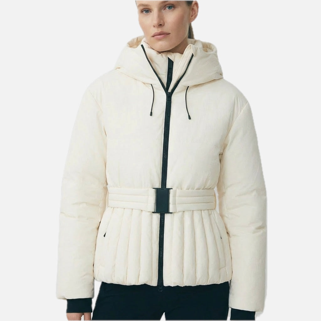 Women's Ski Jacket with Detachable Hood, Belted Fitted Waist