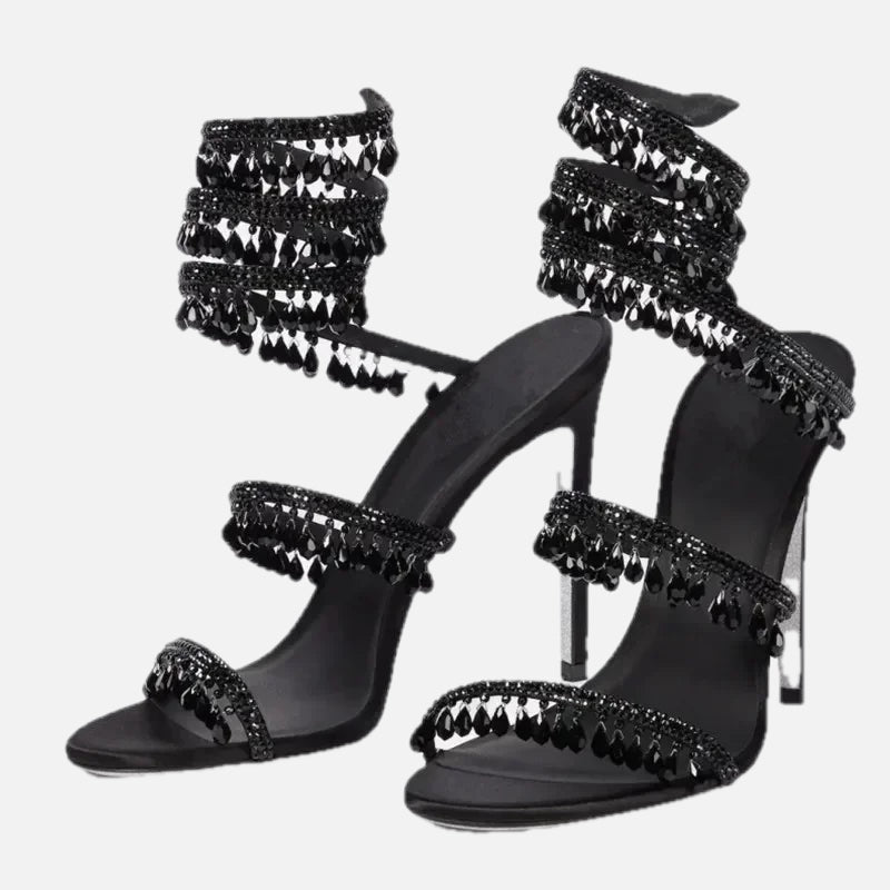 Women's Heeled Sandals with Wraparound Ankle Strap and Diamante Detail - 2