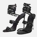 Women's Heeled Sandals with Wraparound Ankle Strap and Diamante Detail - 2