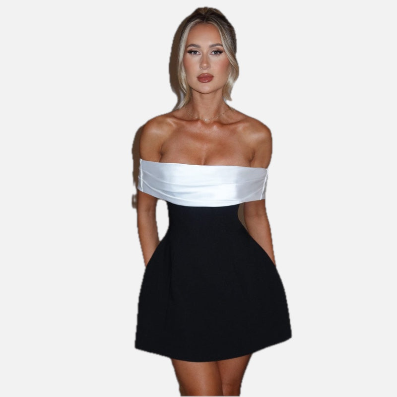 Women's Mini Dress Bardot Neckline with Back Bow and Bubble Skirt - 1