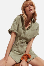 Women's Denim Playsuit with Chest Pockets and Button Front