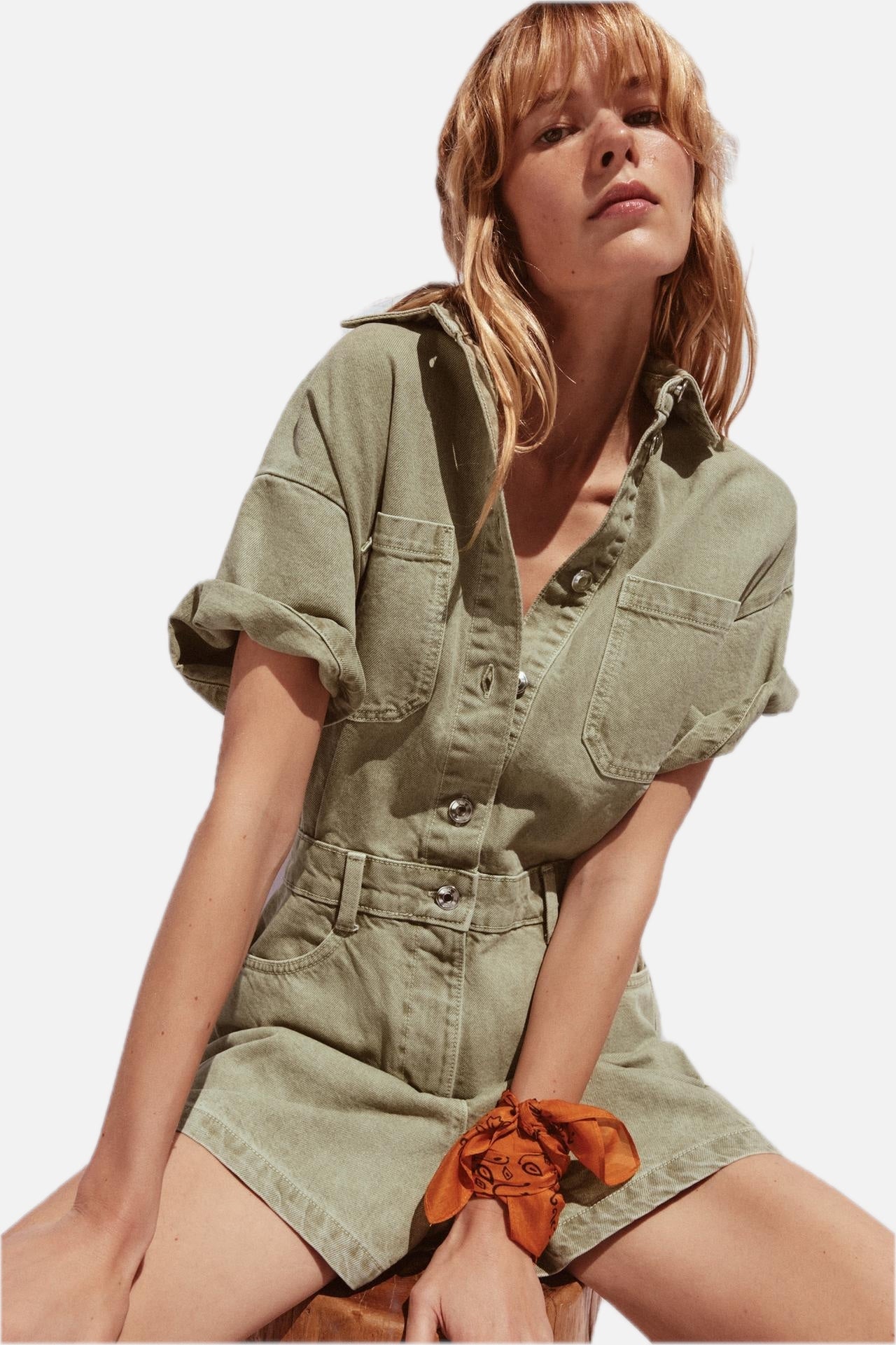 Women's Denim Playsuit with Chest Pockets and Button Front