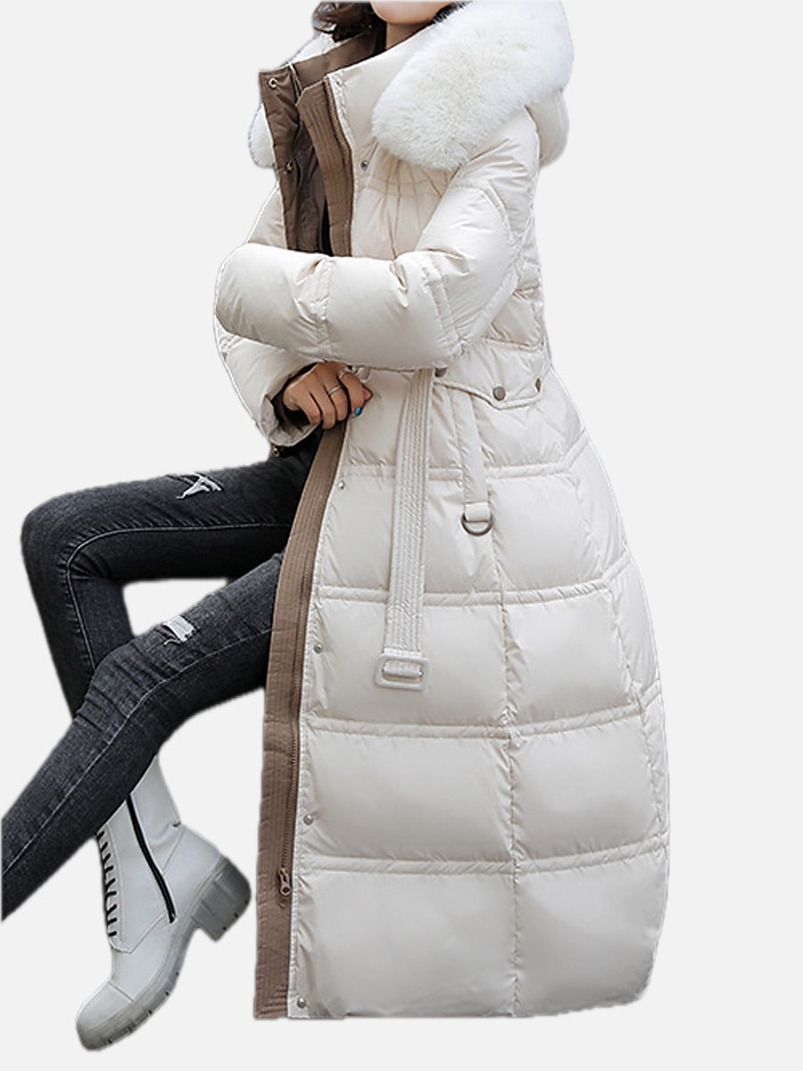 Women's Long Padded Coat with Faux Fur Trim Hood
