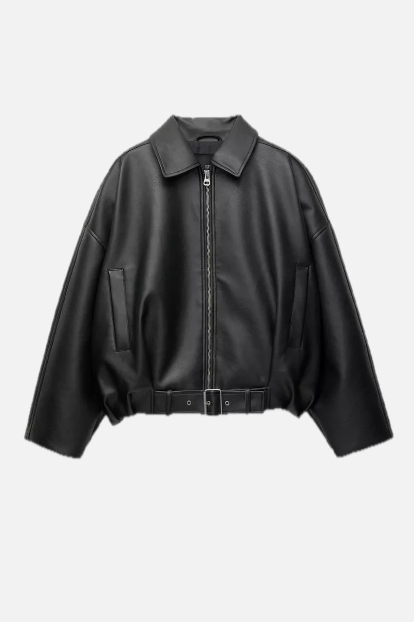 Women's Oversized Faux Leather Jacket with Waist Belt