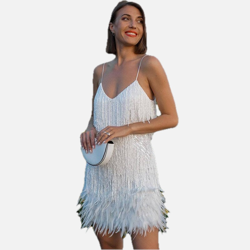 Women's Sequin Cocktail Dress with Fringe and Feather Trim