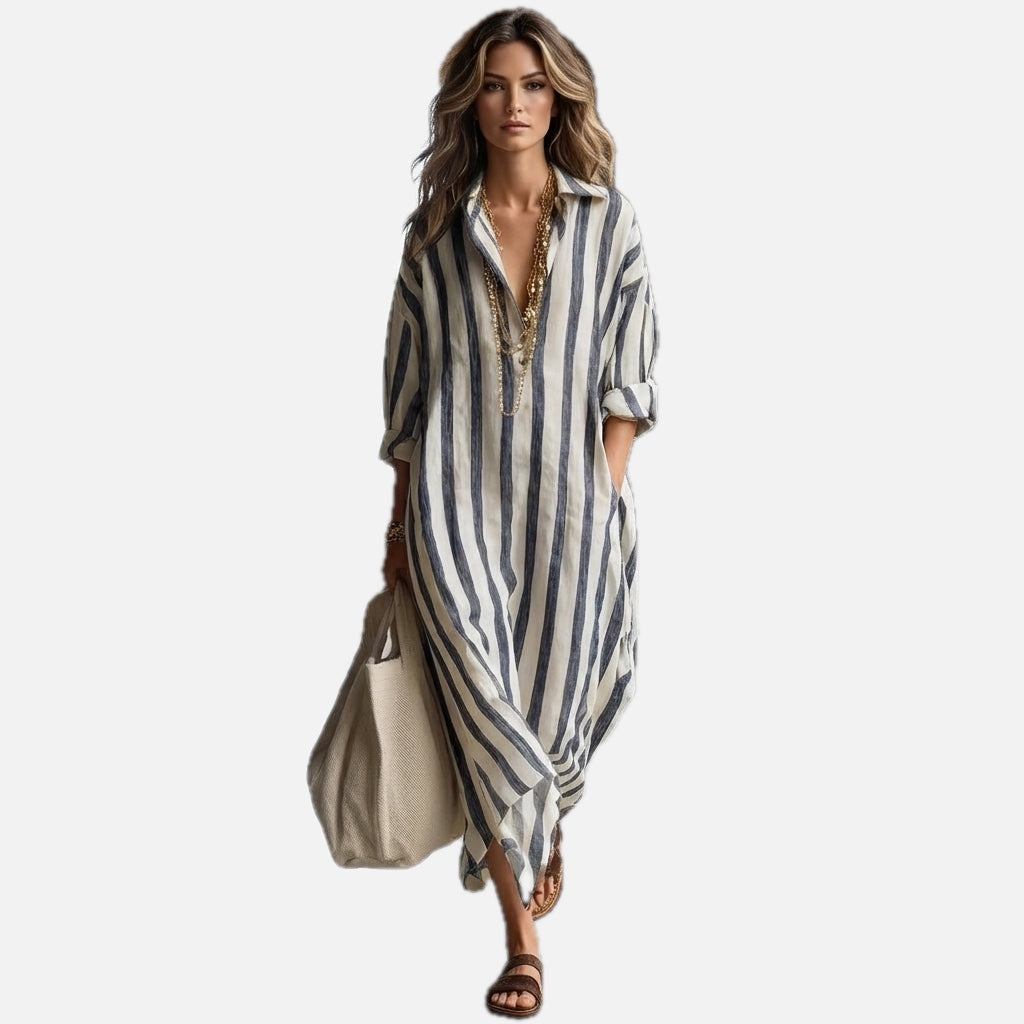 Women's Striped Maxi Dress Relaxed Fit with Collar and Long Sleeves
