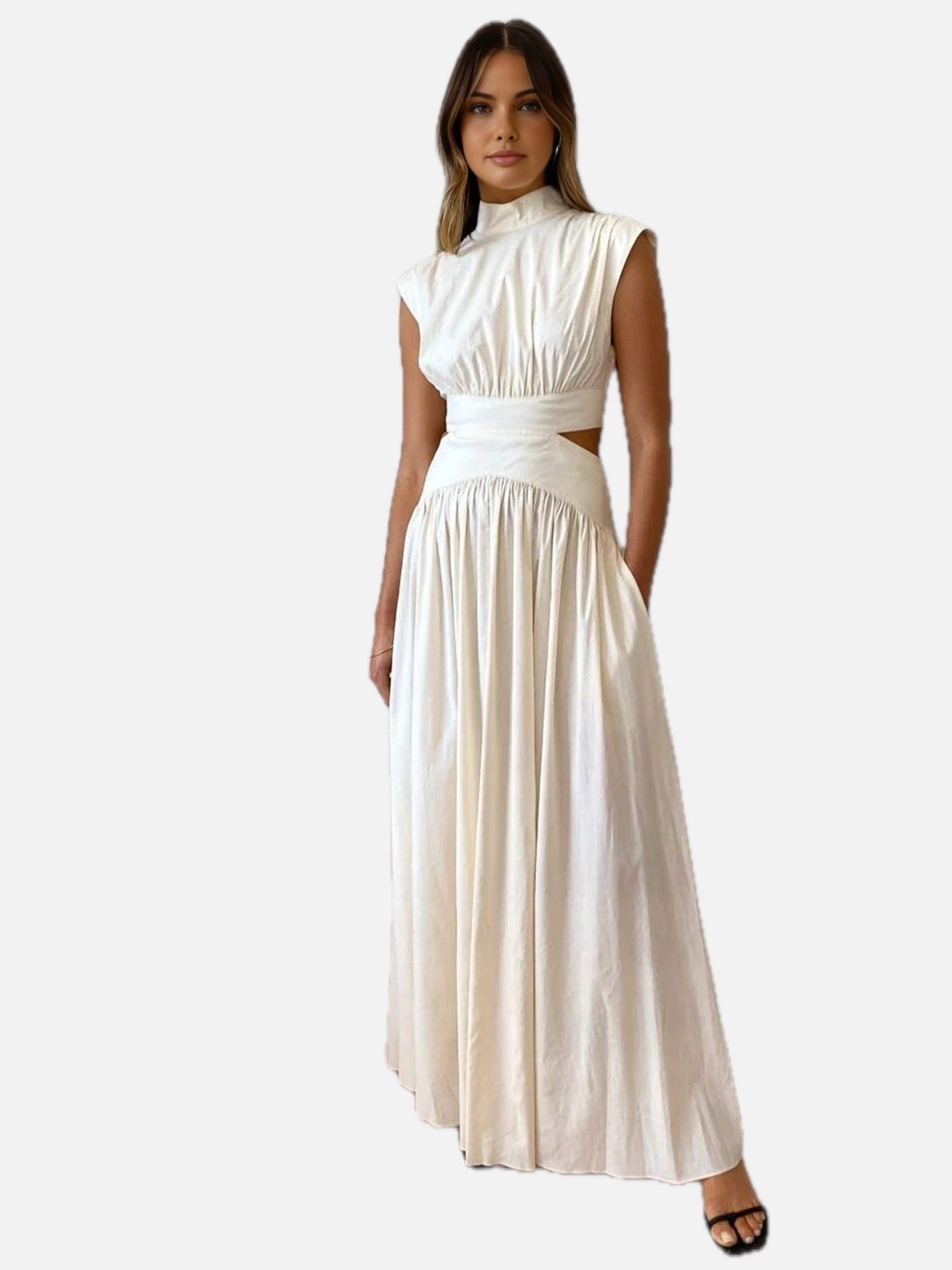 Women's Mock Neck Maxi Dress with Open Back and Pleated Detail