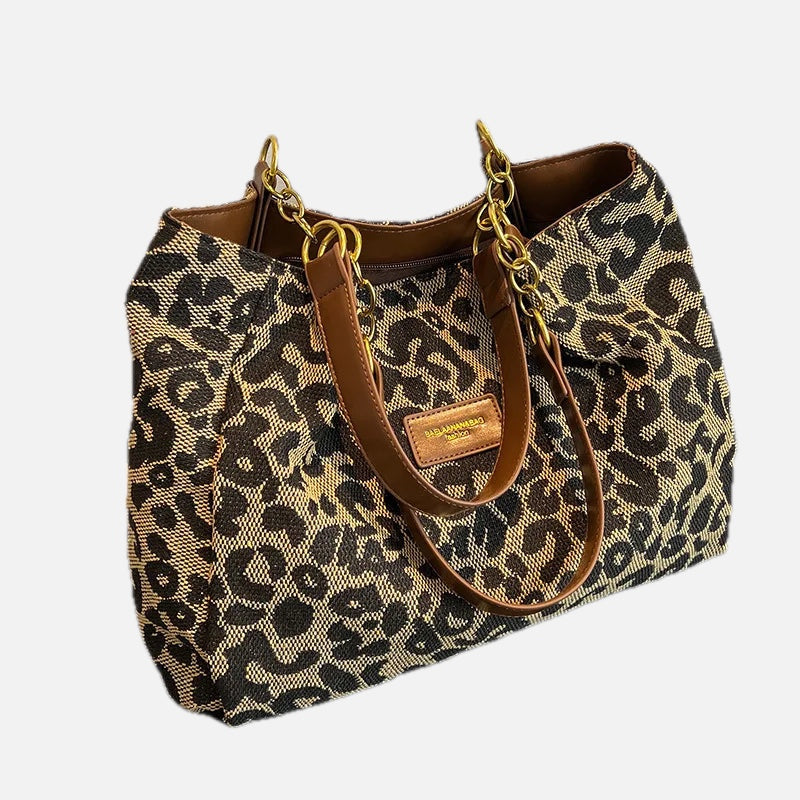 Leopard Print Tote Bag with Gold-Tone Chain Handles