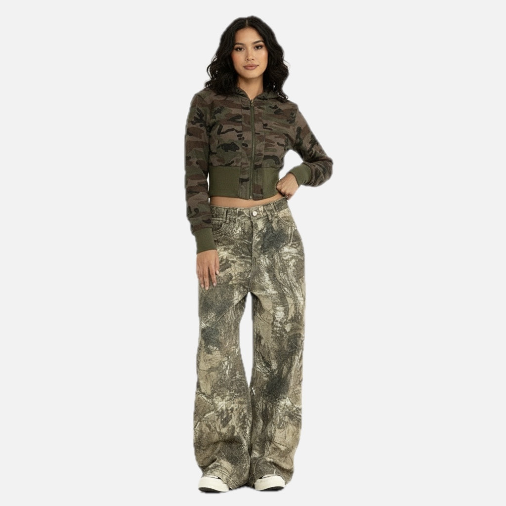 Women's Wide Leg Jeans with Camo Print and Embroidery - 1