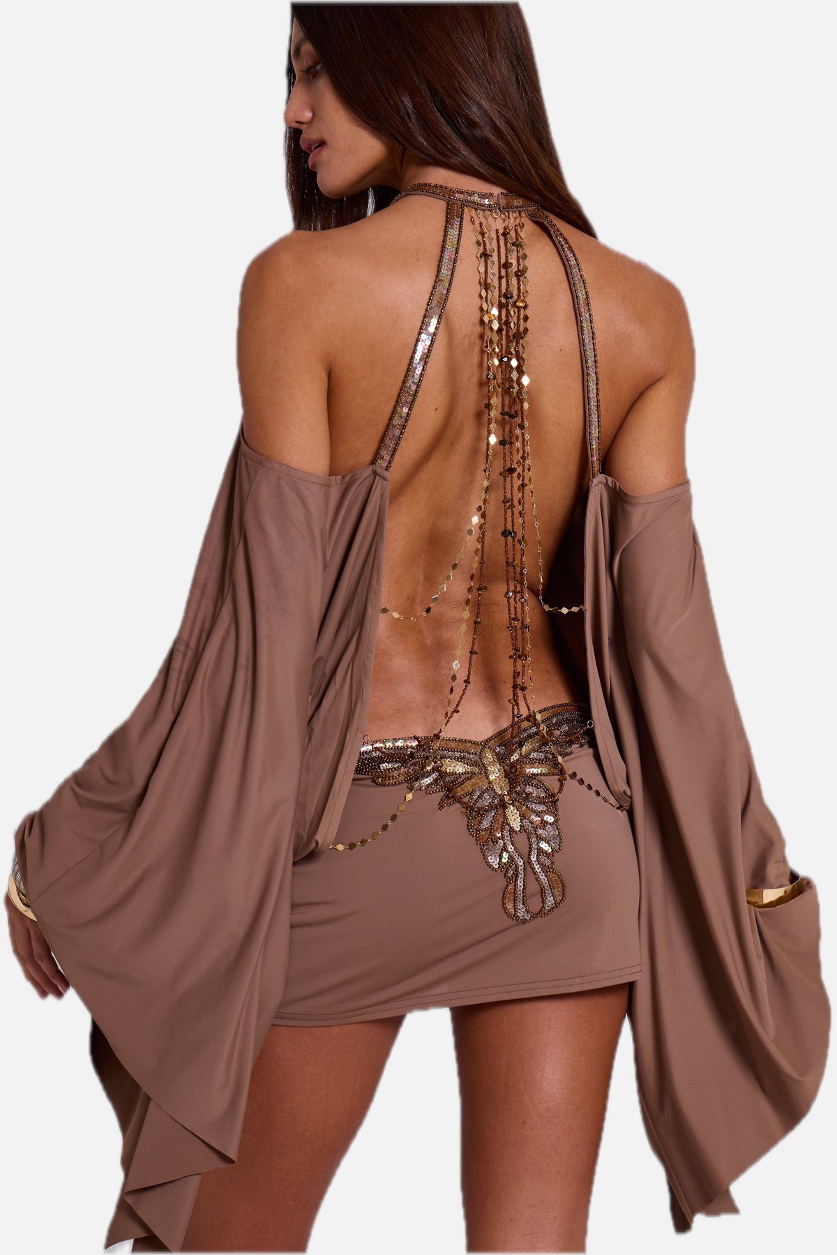 Women's Mini Dress Open Back with Flowing Sleeves and Chain Detail