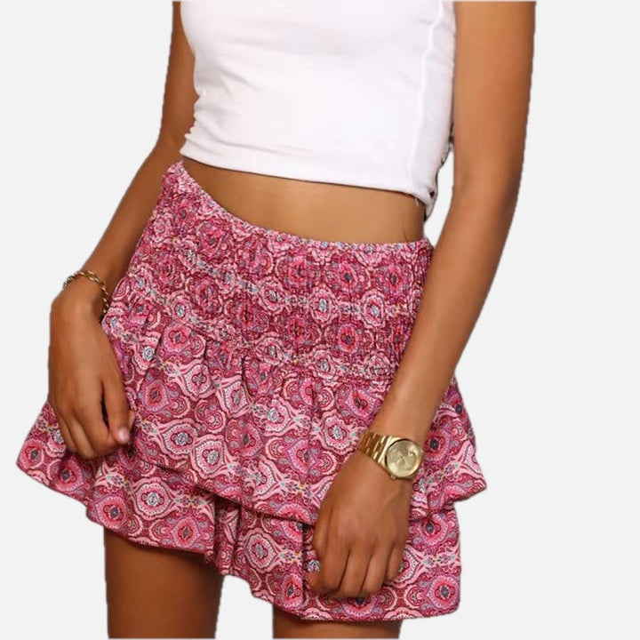 Women's Mini Skirt with Elastic Waistband and Ruffle Hem - 1