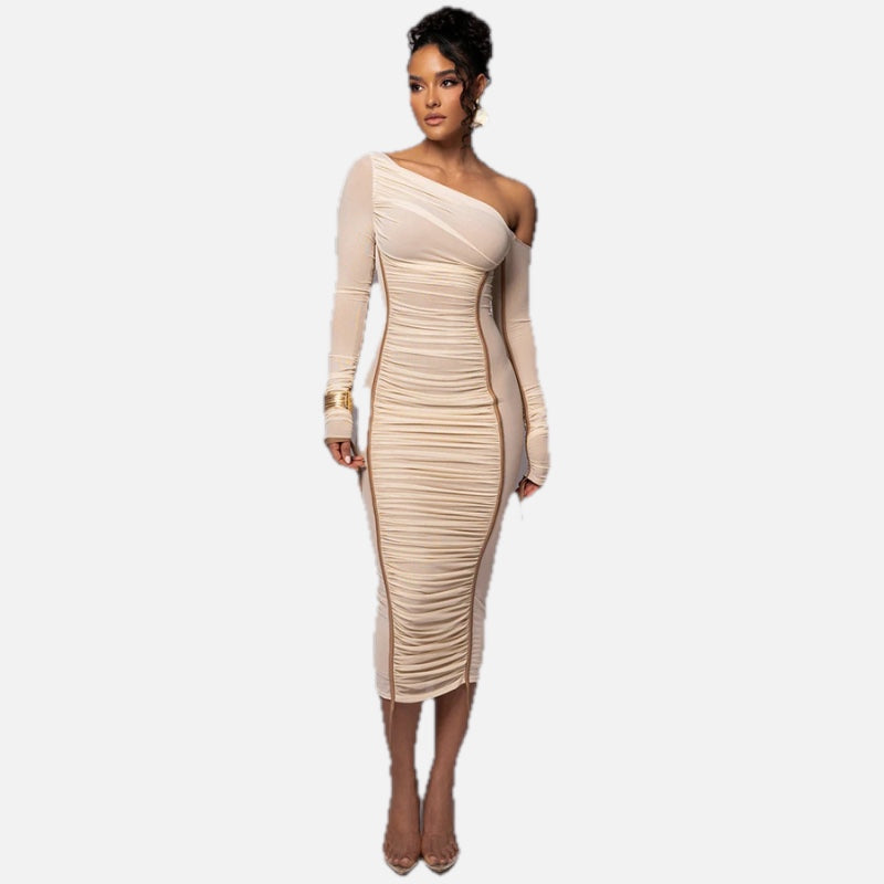 Women's Bodycon Midi Dress with One-Shoulder Ruched Design - 1