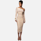 Women's Bodycon Midi Dress with One-Shoulder Ruched Design - 1