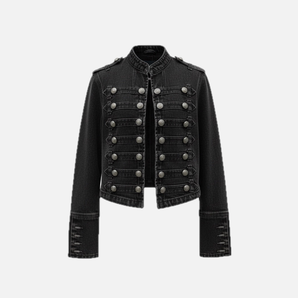 Women's Military Style Denim Jacket with Decorative Buttons