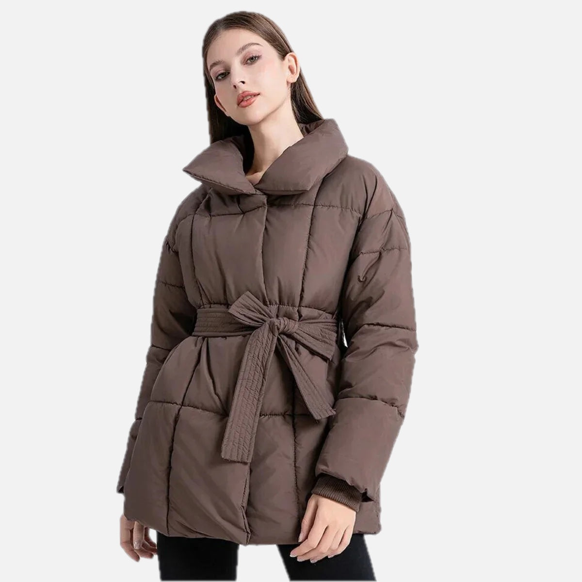 Women's Padded Coat with Belted Waist and Wide Collar
