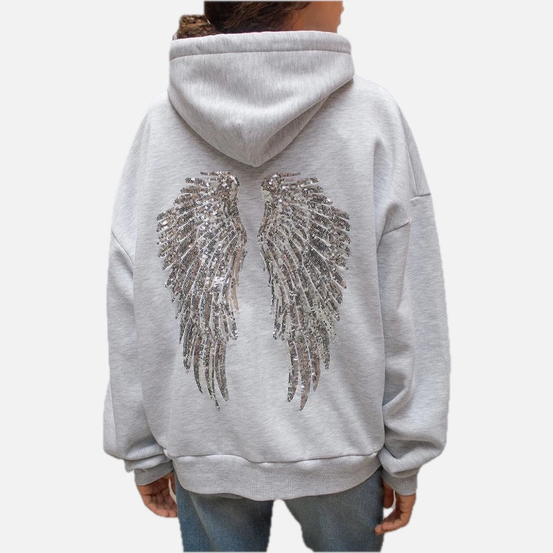 Women's Hoodie with Sequin Angel Wing Back Print