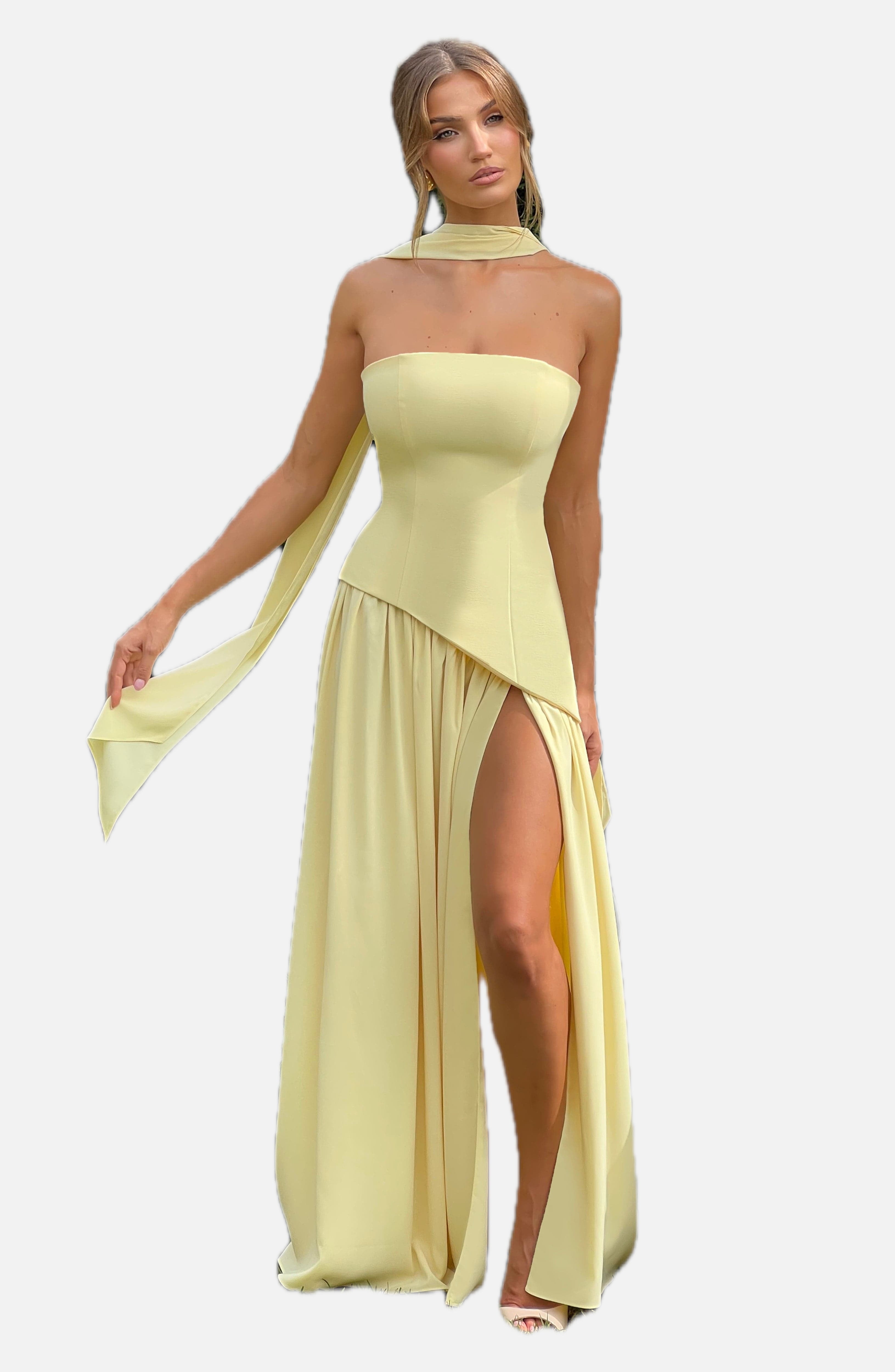 Women's Strapless Maxi Dress with High Split and Asymmetric Hem