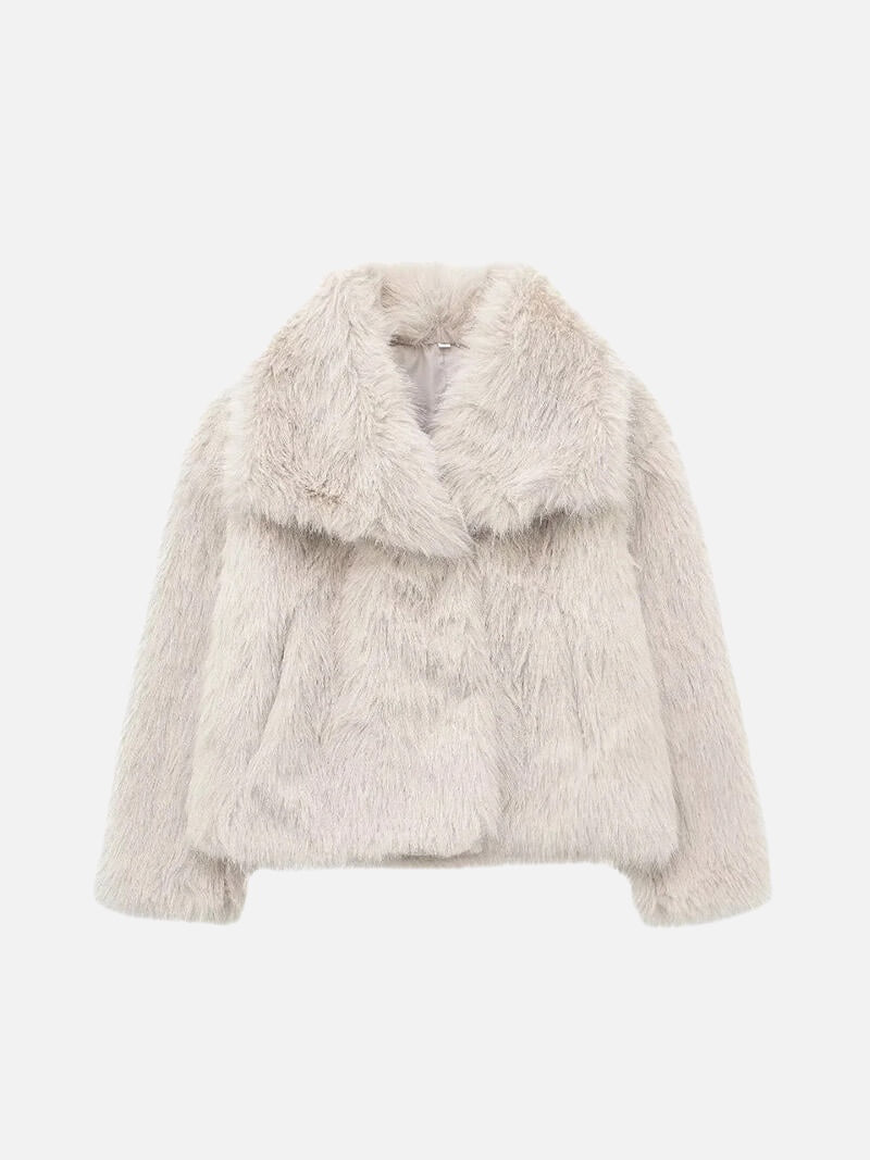 Women's Faux Fur Coat with Wide Collar and Mid-Length Cut