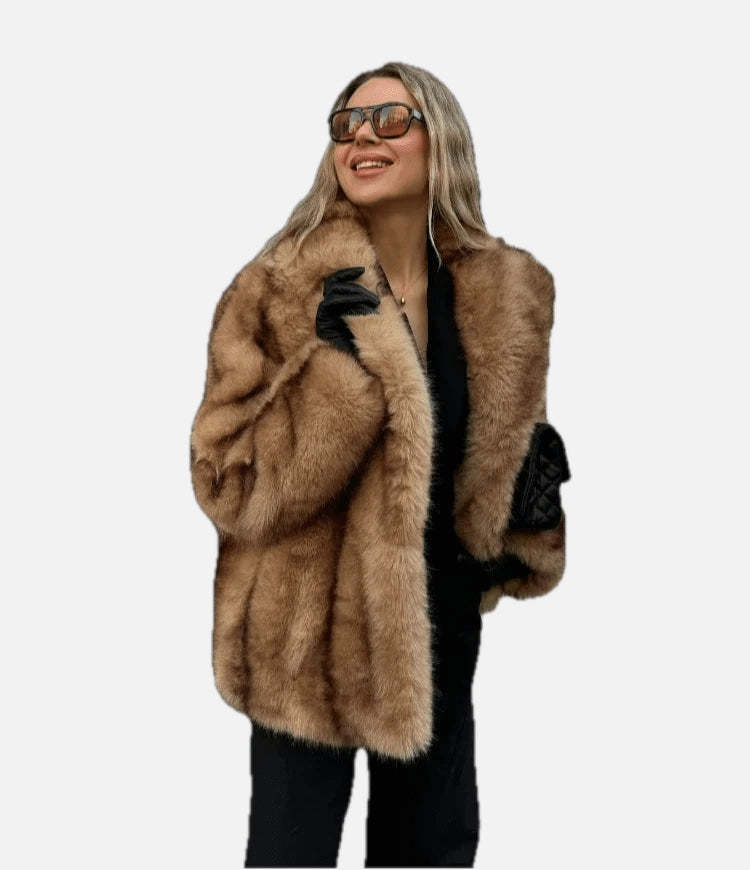 Women's Faux Fur Coat with Turn-Down Collar and Covered Buttons - 1
