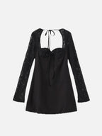 Women's Long Sleeve Mini Dress with Lace Sleeves and Tie Front