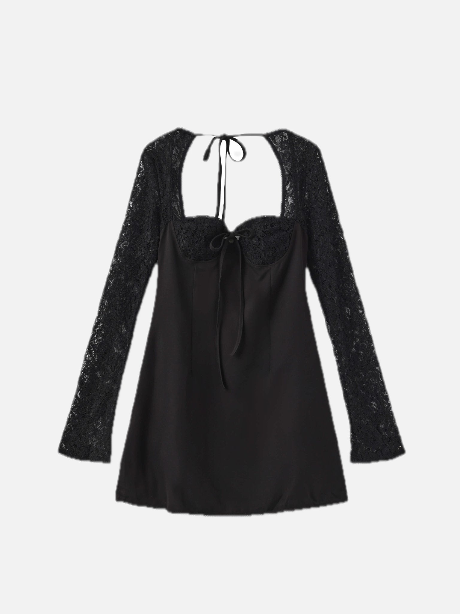 Women's Long Sleeve Mini Dress with Lace Sleeves and Tie Front