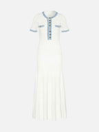 Women's Textured Knit Maxi Dress with Contrast Trim and Button Front