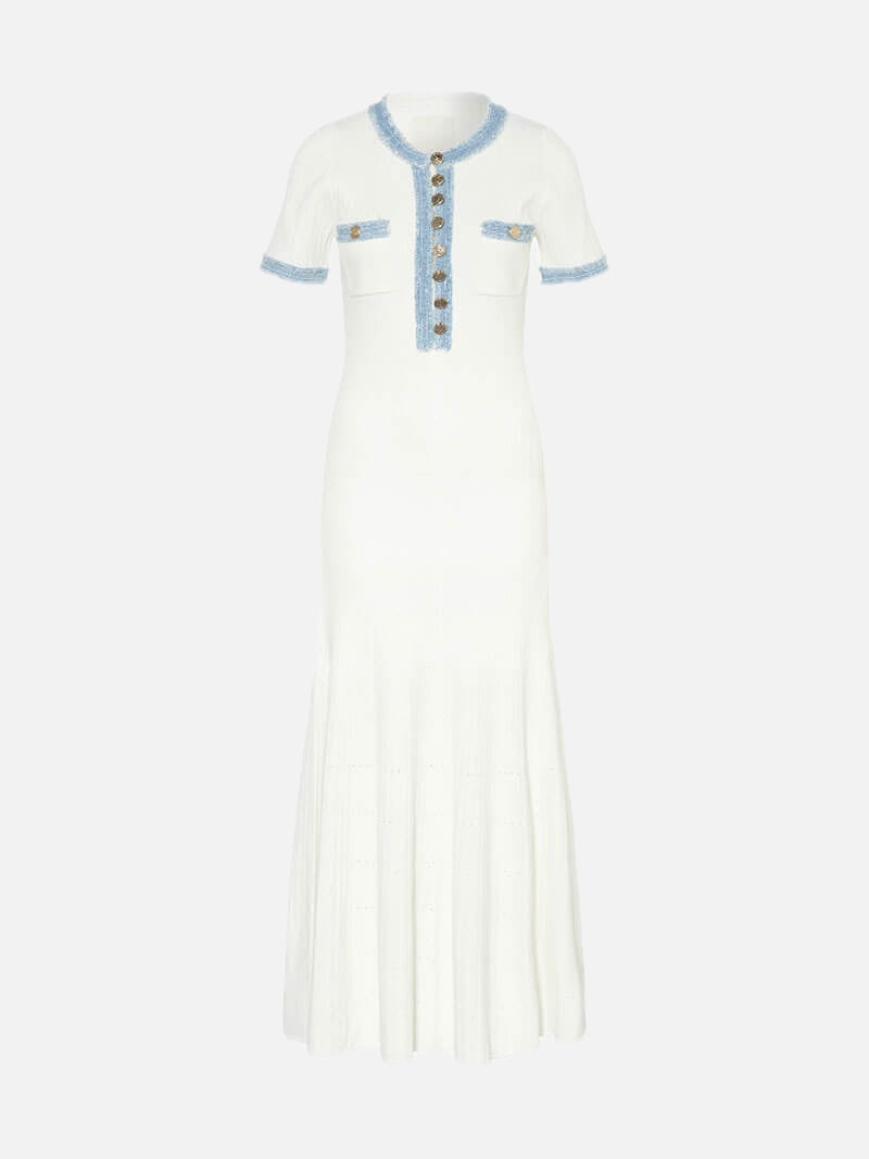 Women's Textured Knit Maxi Dress with Contrast Trim and Button Front