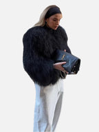 Women's Short Faux Fur Coat with Half-Open Collar and Fleece Accents