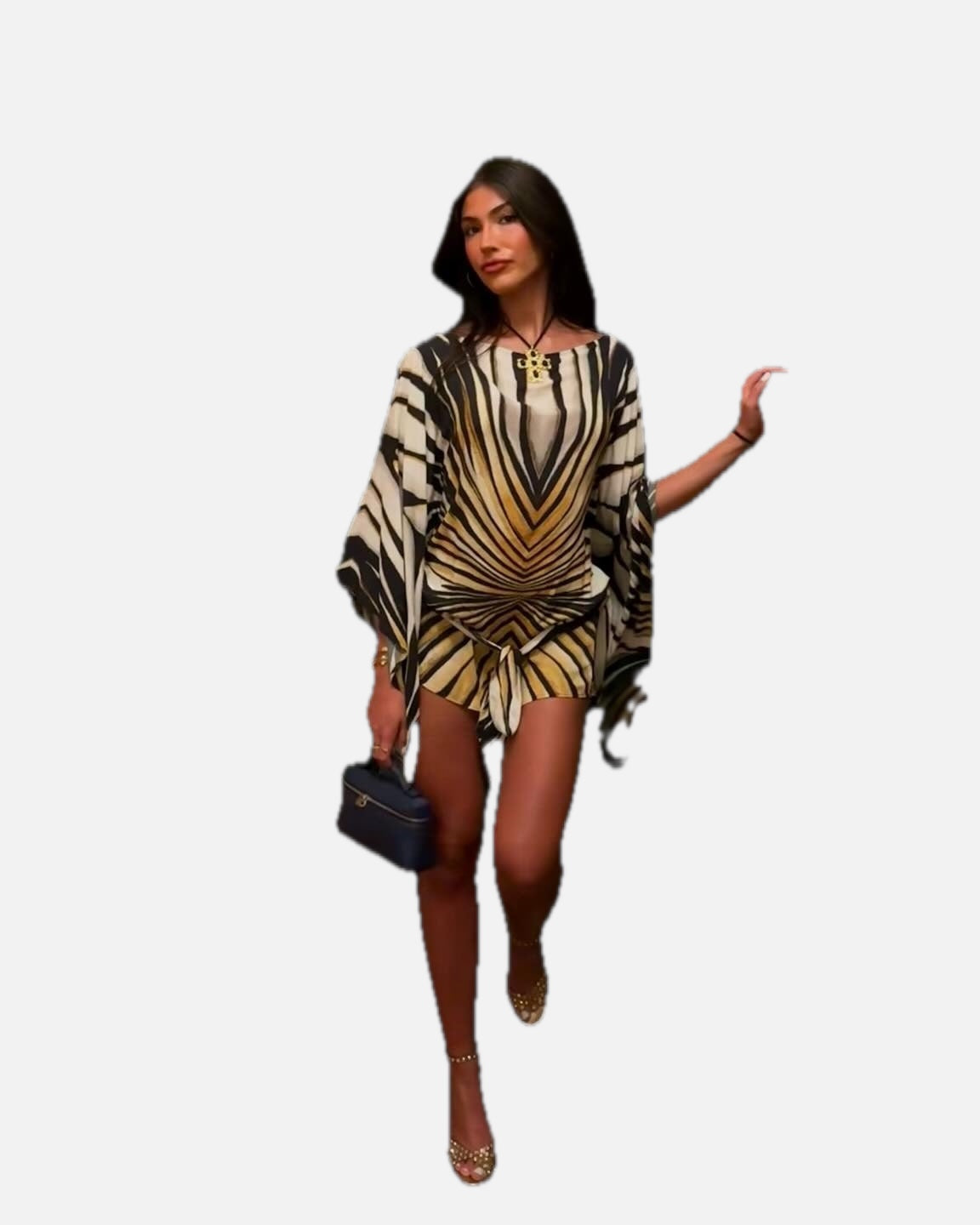 Women's Kaftan Dress with Batwing Sleeves and Tie Waist