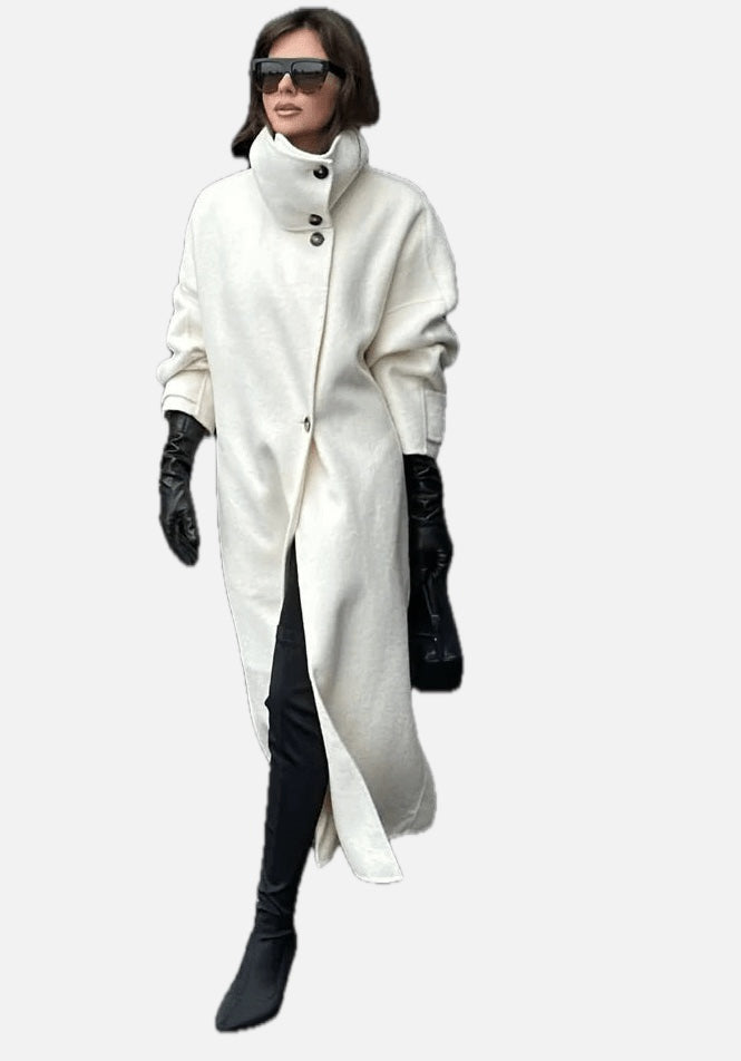Women's Long Coat with Stand Collar and Single-Breasted Closure
