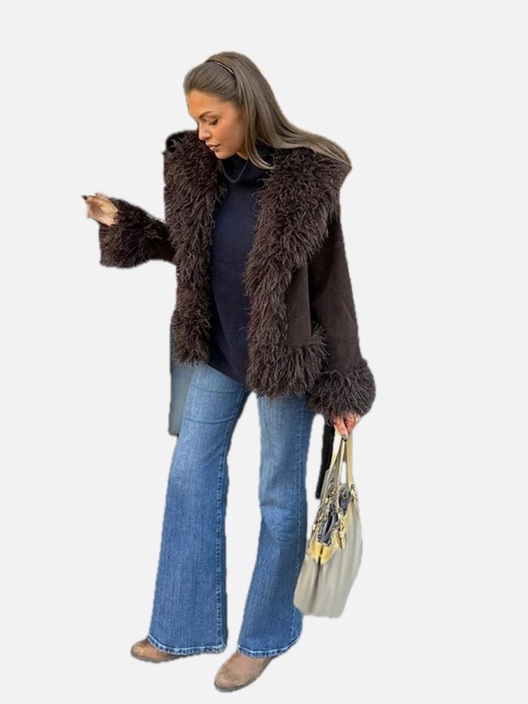 Women's Open Front Coat with Faux Fur Lapel