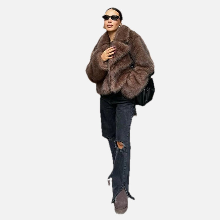 Women's Short Faux Fur Coat with Wide Lapel Collar
