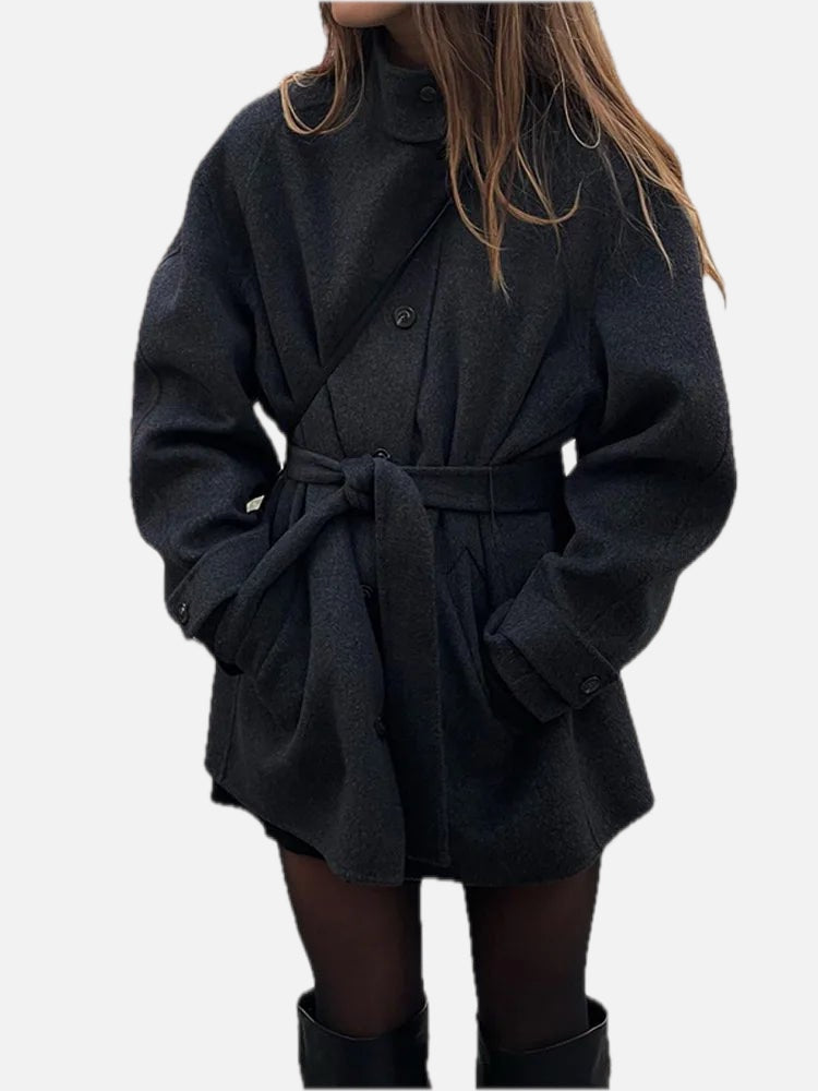 Women Short Coat with Stand Collar and Single-Breasted Front - 1