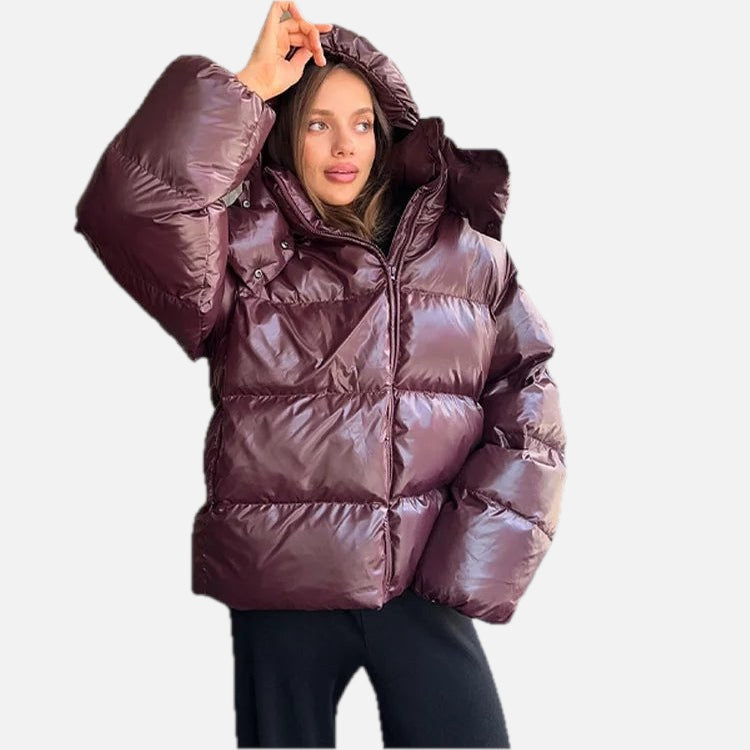 Women's Puffer Jacket with Hood and Stand Collar