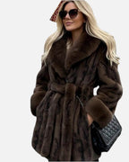 Women's Faux Fur Coat with Tie Waist and Shawl Collar