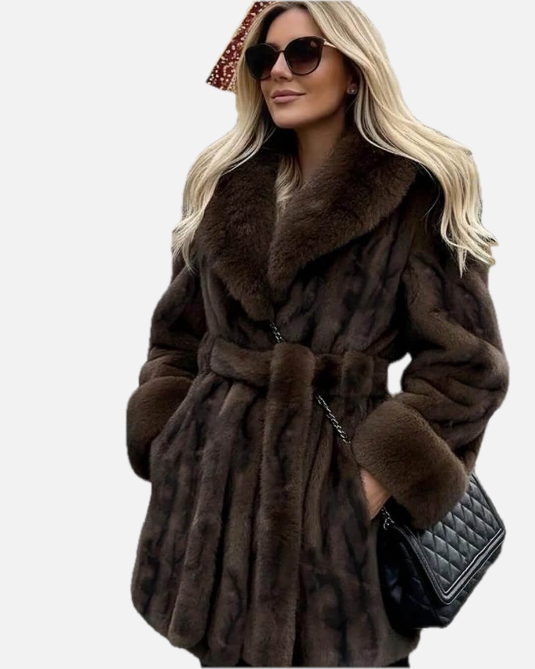 Women's Faux Fur Coat with Tie Waist and Shawl Collar