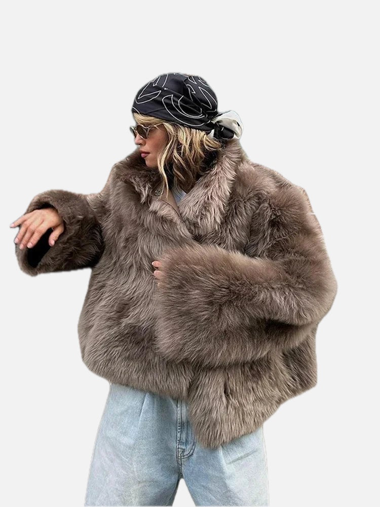 Women's Faux Fur Coat with Snap Buttons and Plush Texture