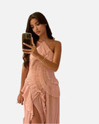 Women's Halter Maxi Dress with Ruffles and A-Line Silhouette