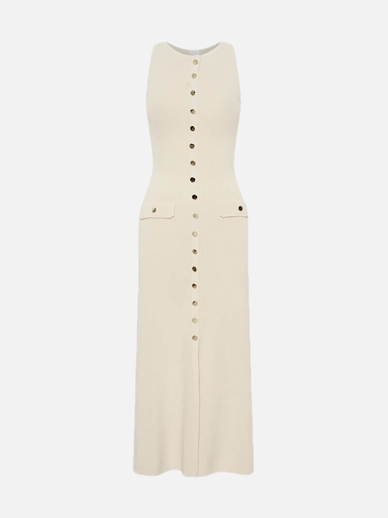 Women's Maxi Dress Sleeveless with Round Neck and Front Buttons - 1