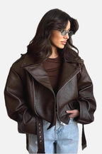 Women's Cropped Faux Leather Jacket with Zip Front and Notch Collar