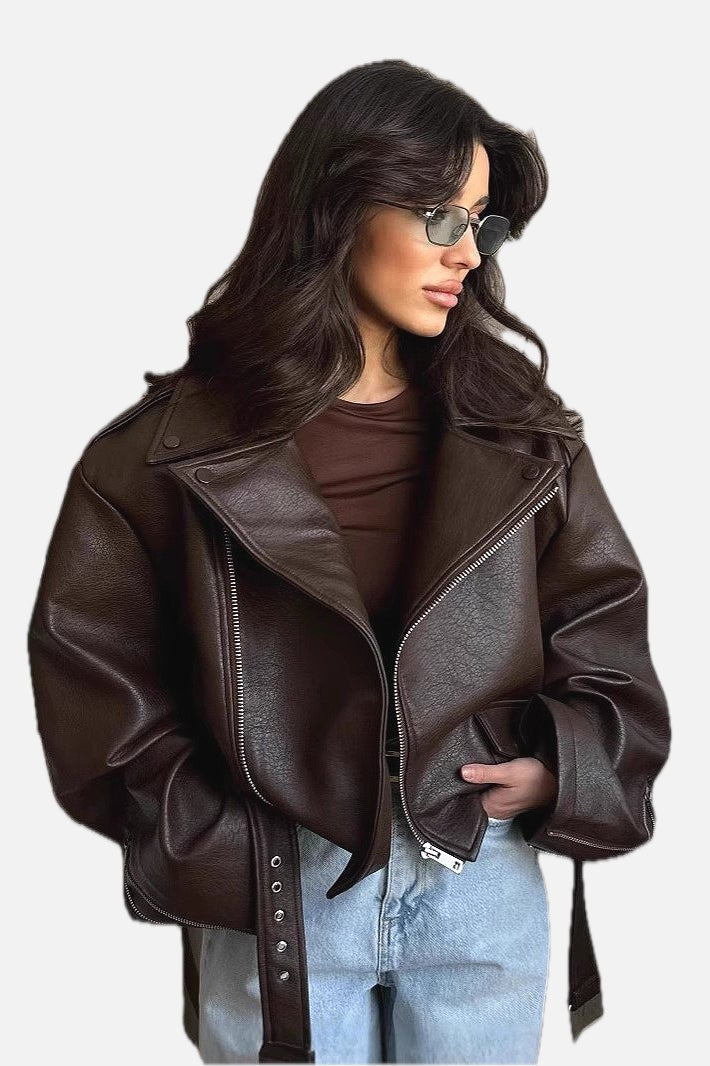 Women's Cropped Faux Leather Jacket with Zip Front and Notch Collar