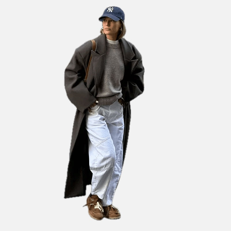 Women's Oversized Maxi Coat with Notched Lapel and Long Sleeves