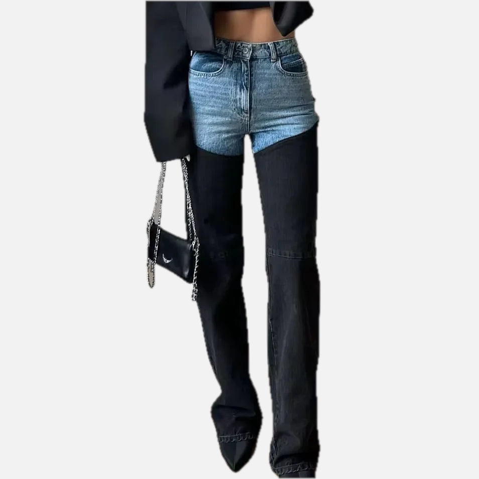 Women's High-Waist Jeans with Two-Tone Patchwork and Slim Straight Leg